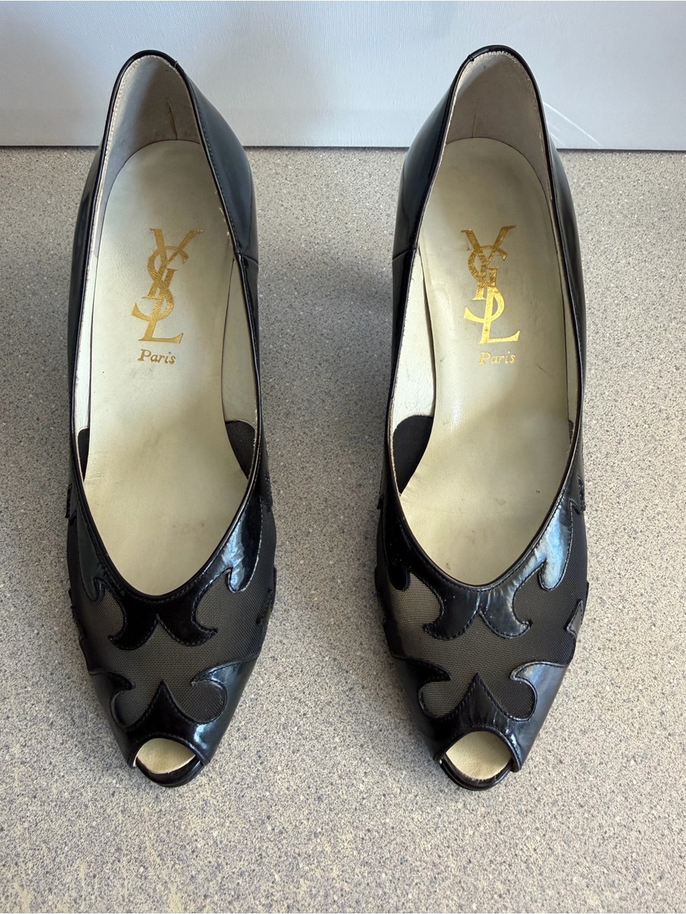 Vintage Yves Saint Laurent Black Patent Leather Mesh Scroll Cutout Peep-Toe Pump